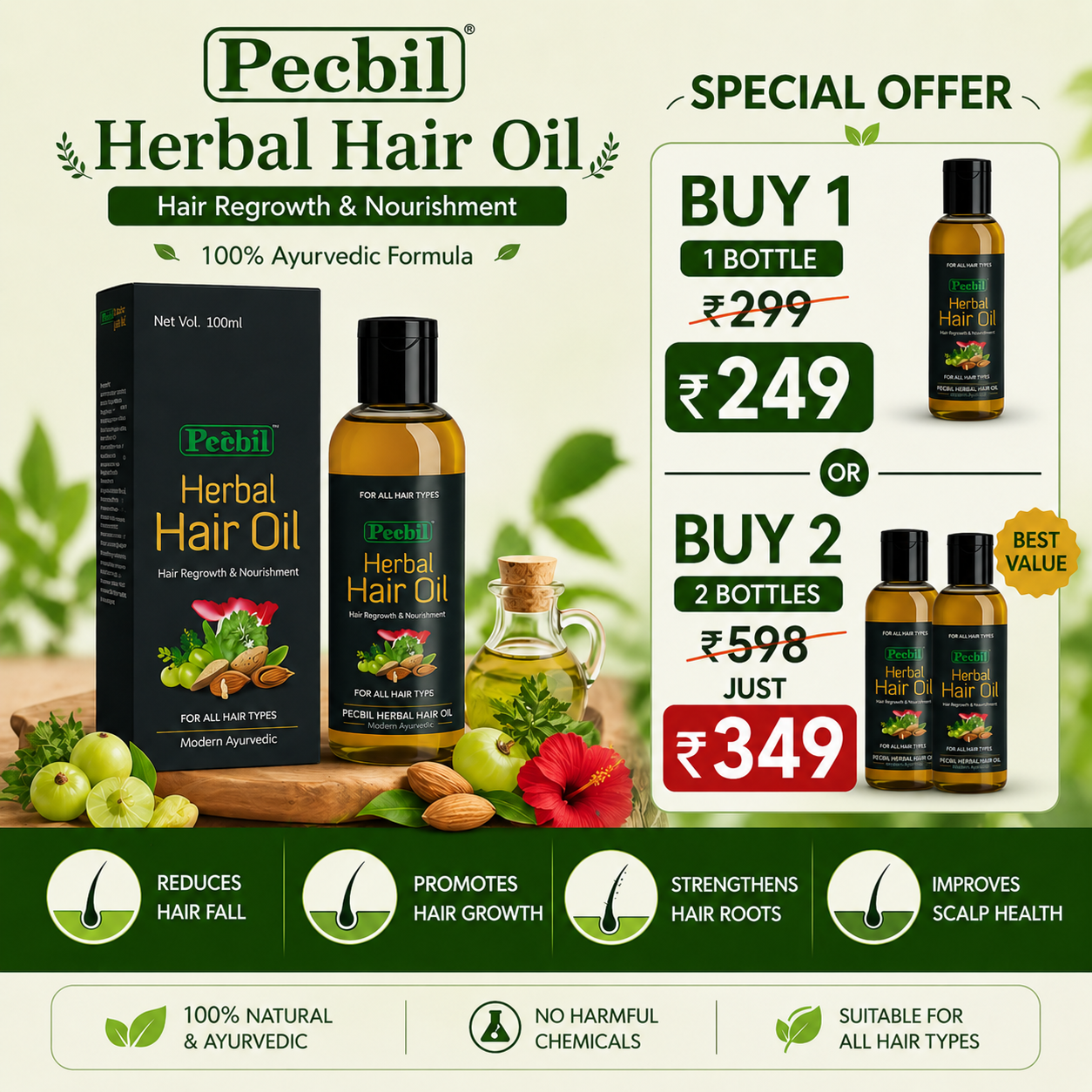 Pecbil Herbal Hair Oil – Hair Regrowth & Anti Hair Fall